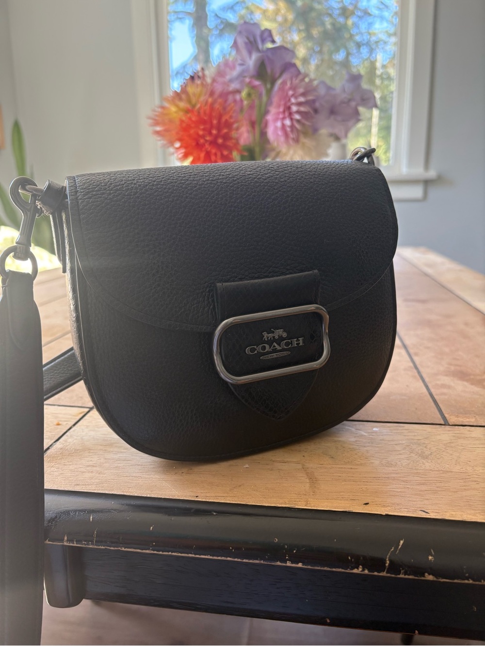 Coach Black Pebbled Leather Saddle-Style Crossbody Bag with Silver Hardware